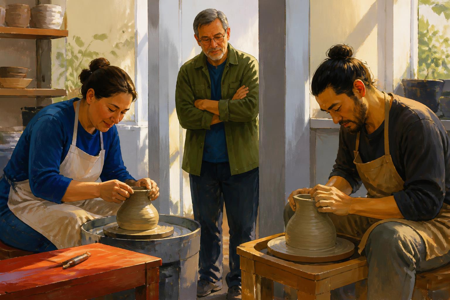 Two people in separate workshops make similar vessels while an observer studies their different tools.