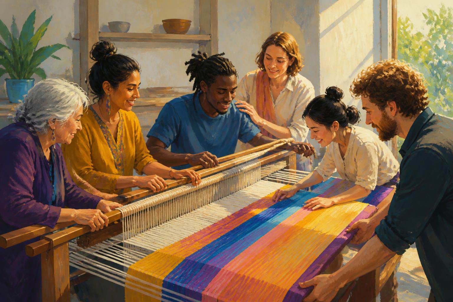 People at a loom as sunlight and lamplight turn woven cloth into a path across the room.