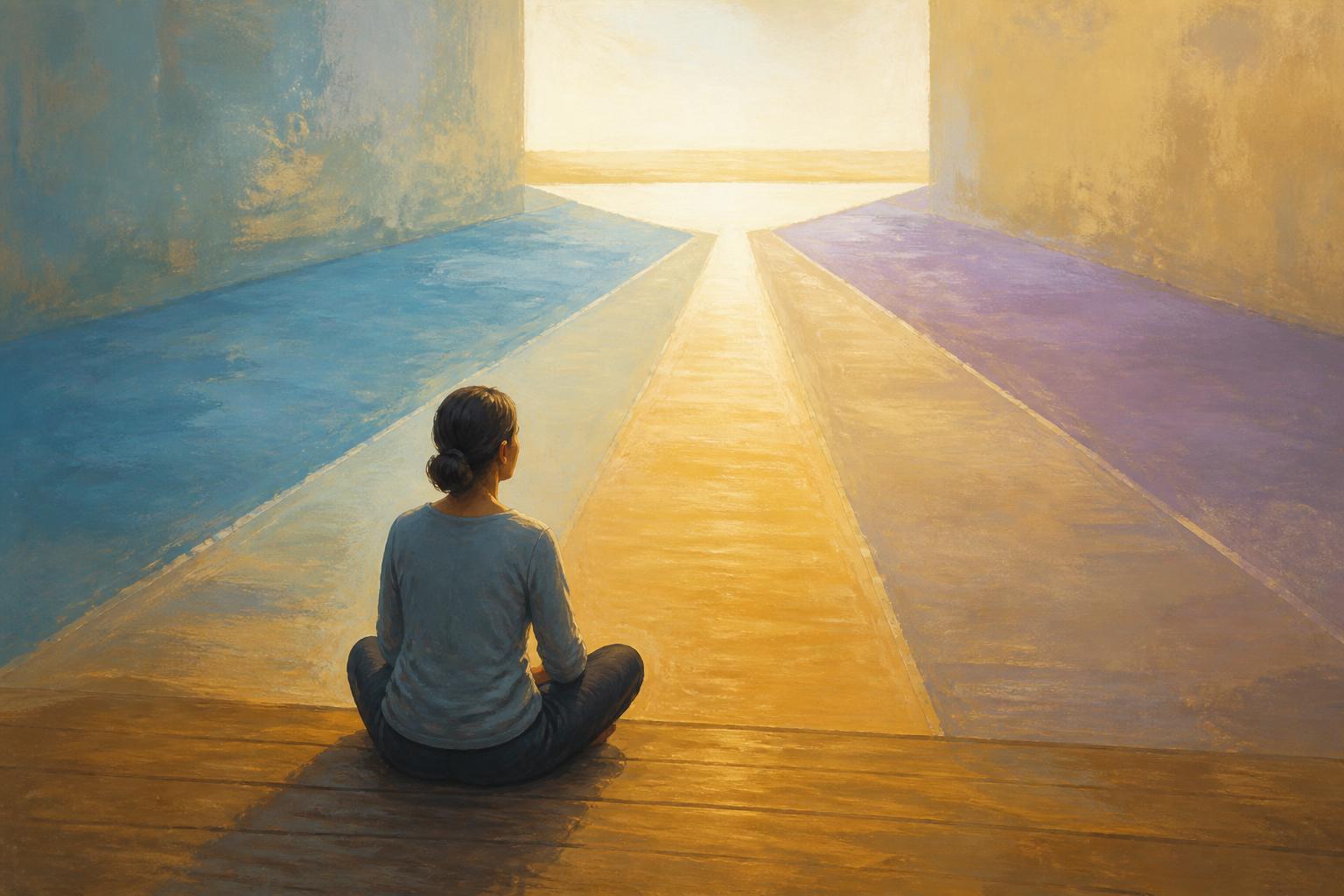 A seated woman faces three fading paths of light converging at an open doorway.