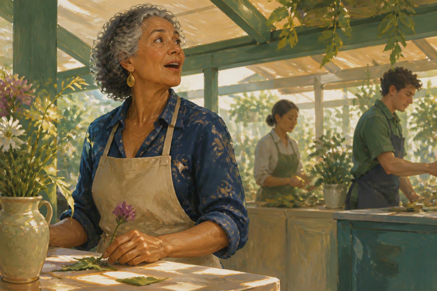 A woman pauses at a kitchen table, carrying simple things through warm light and shadow.