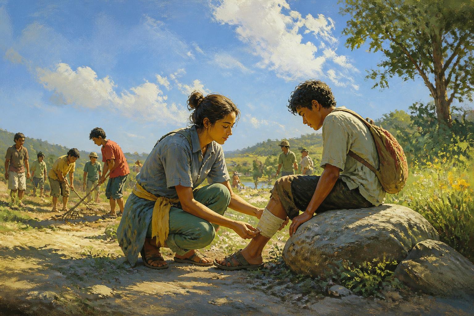 A caregiver kneels beside a tired person at dawn, turning insight into quiet help.