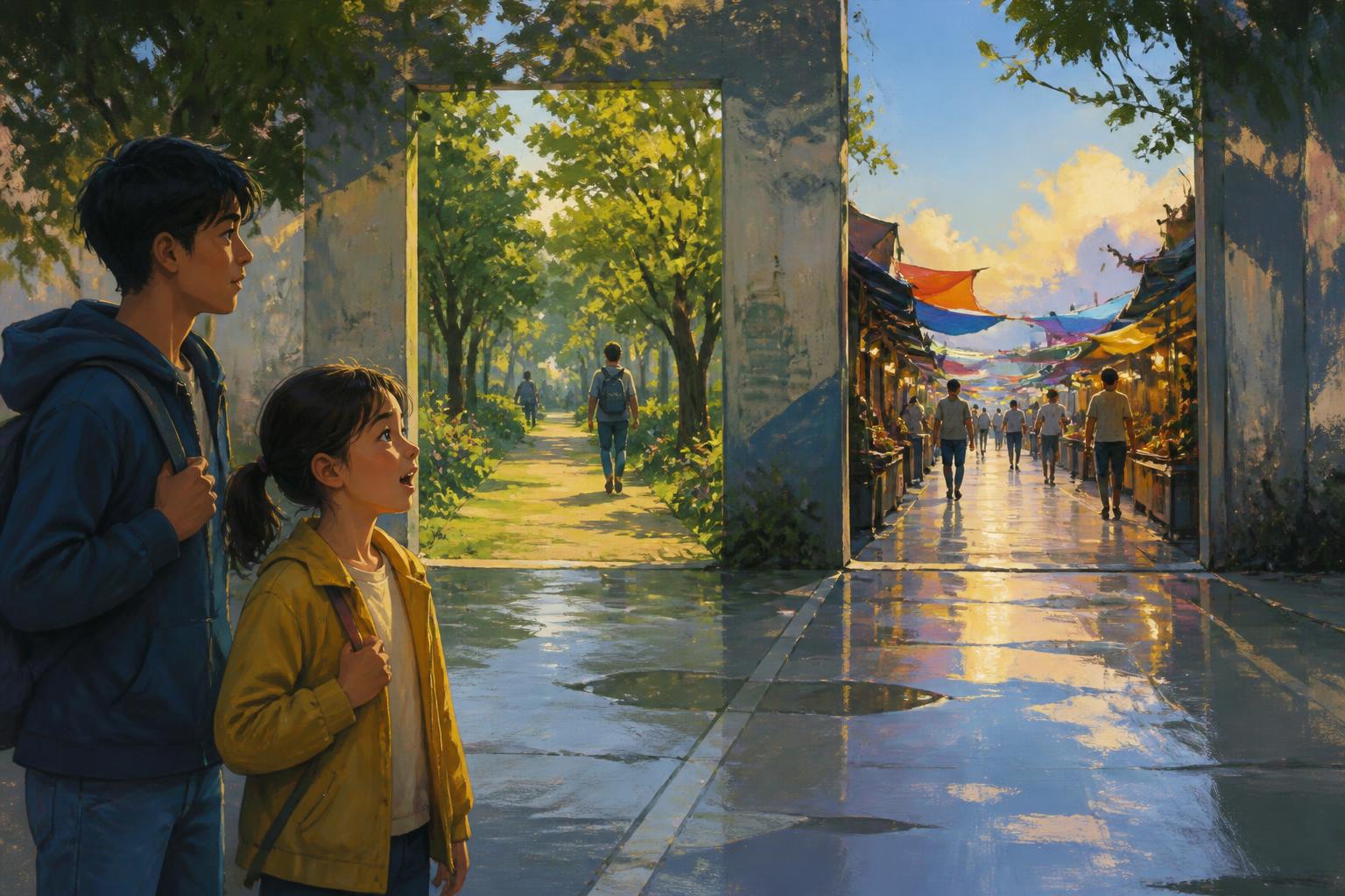 A quiet figure pauses before two lit doorways in a warm, painterly room.