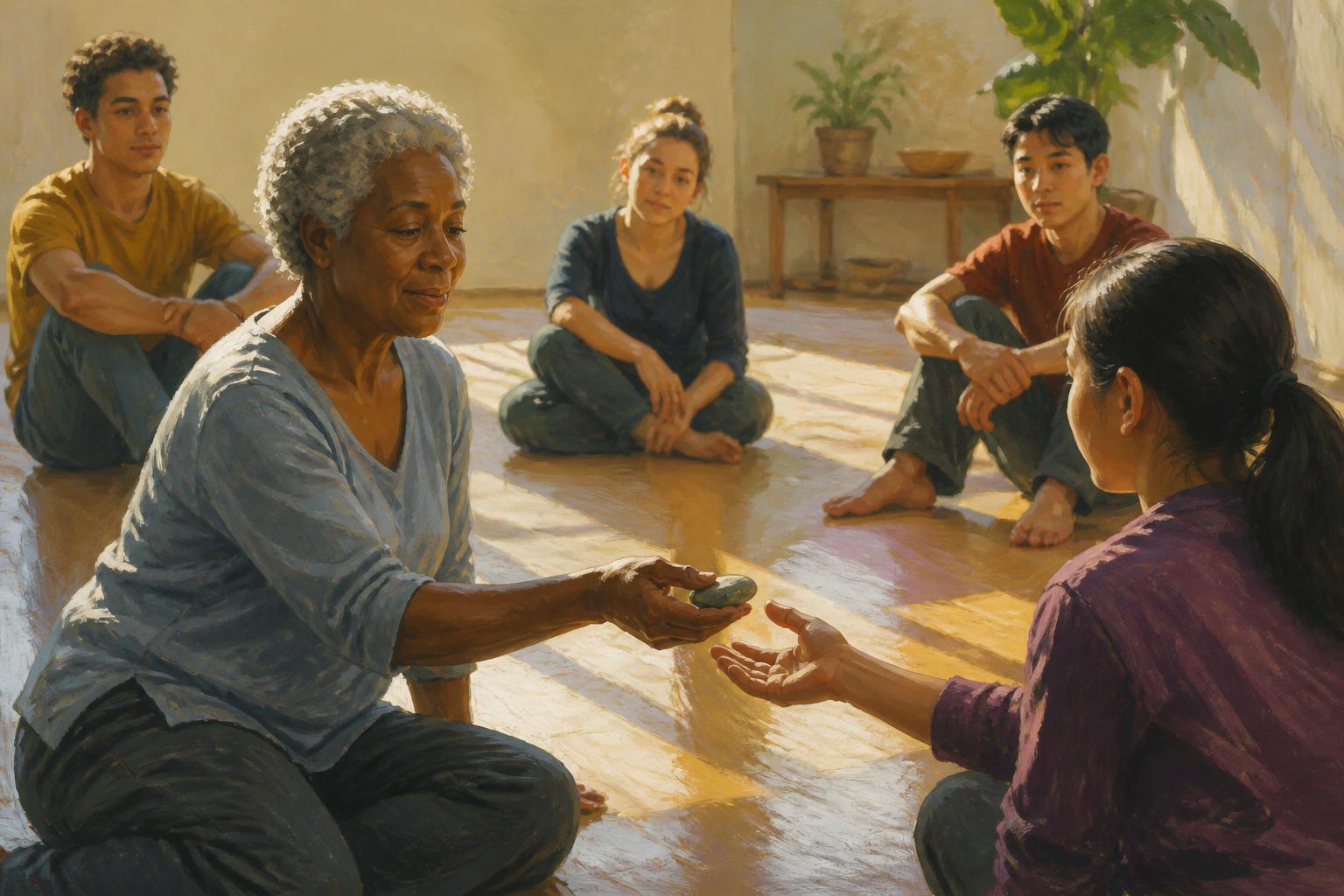 A woman sits after meditation near empty chairs and warm lamplight, unsure who could help name the moment.