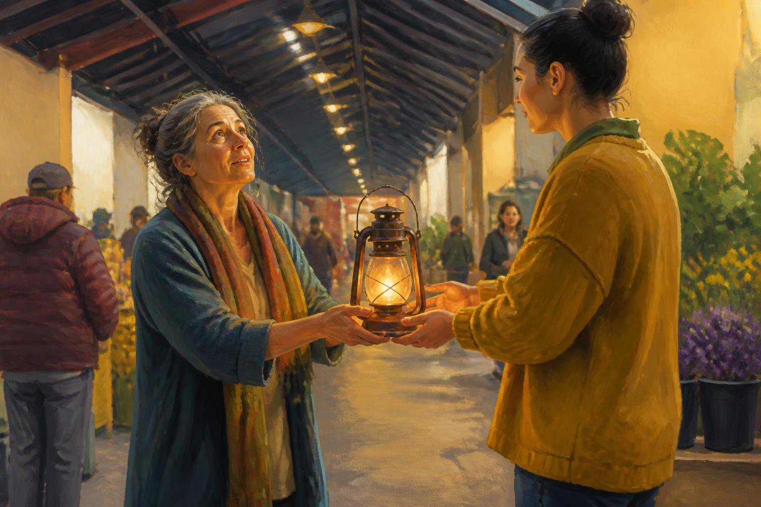An older woman passes a lit lantern to a younger person at an open doorway.