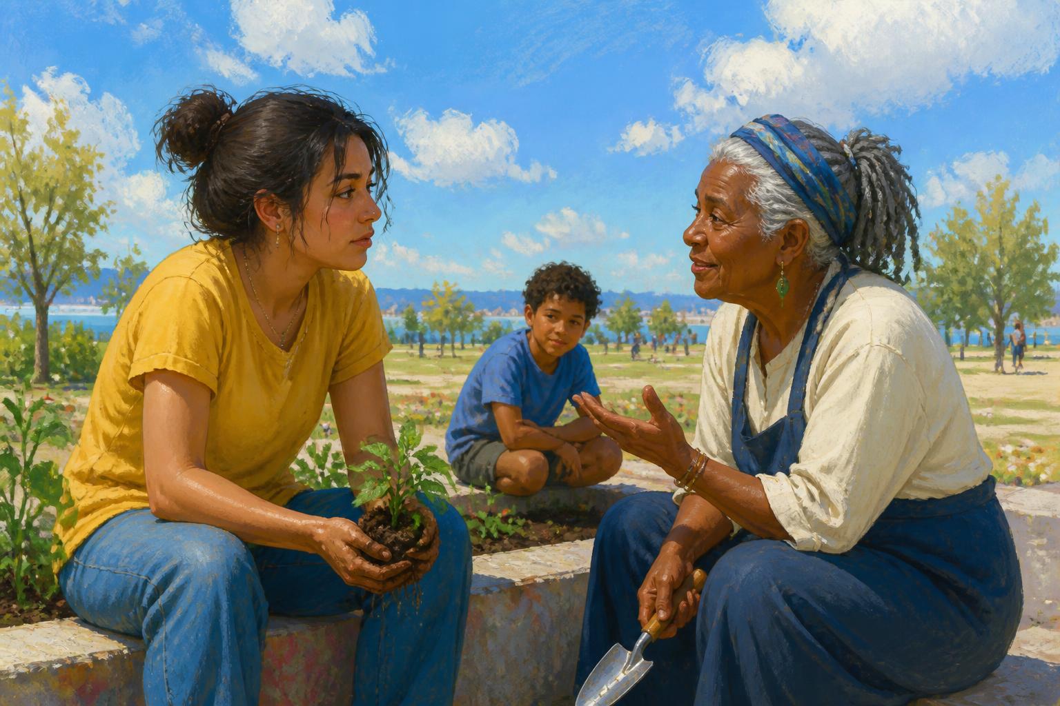 A woman in a quiet kitchen speaks with a friend before returning to a simple task.
