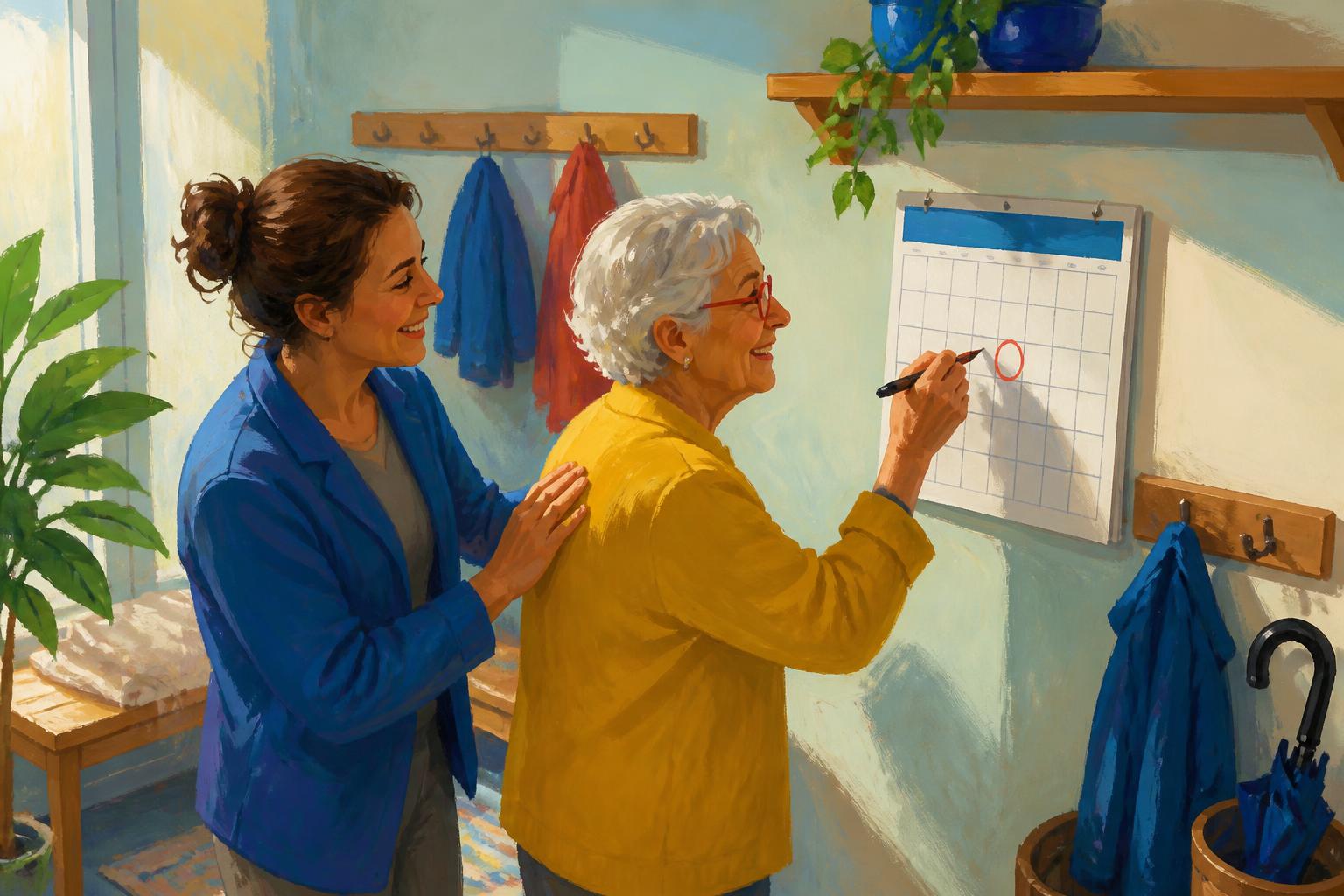 A woman returns from dusk to a warm room where others wait beside a simple meal.